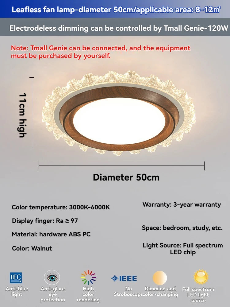 Modern Bladeless Ceiling Fan Light with Walnut Finish for Silent Cooling