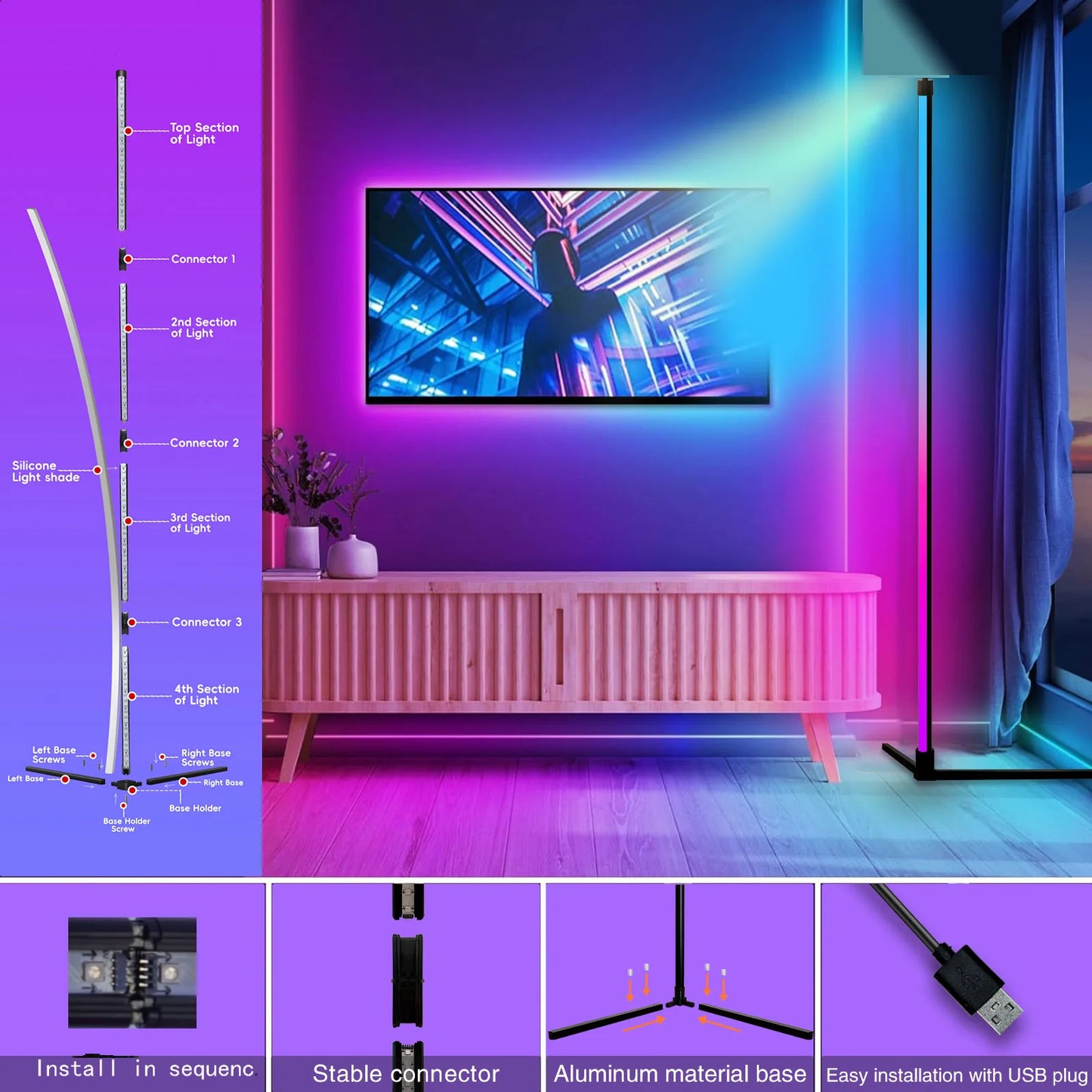 Modern LED Floor Lamp with Music Sync for Living Room Ambiance
