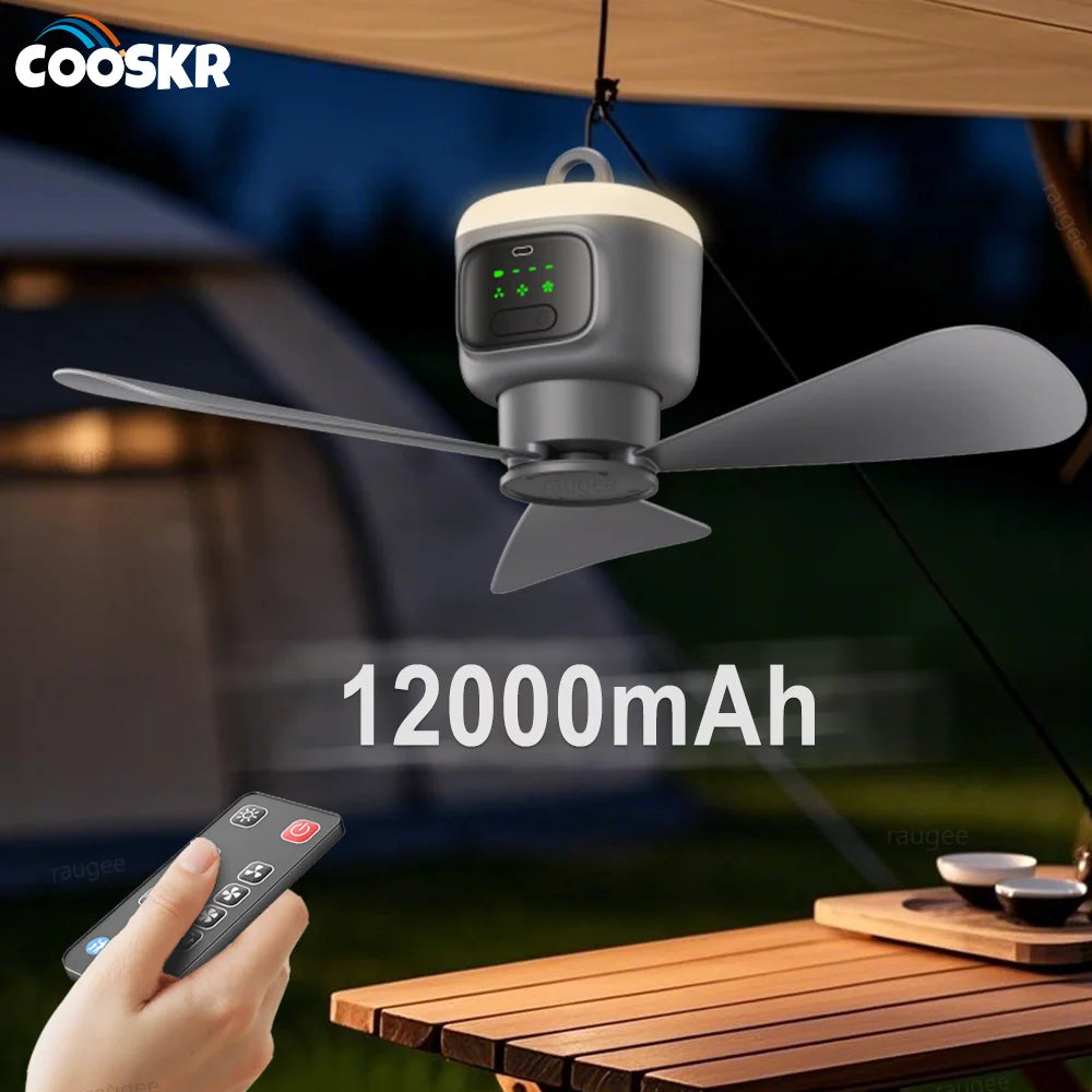 Portable Rechargeable Ceiling Fan with LED Light for Camping and Outdoor Living