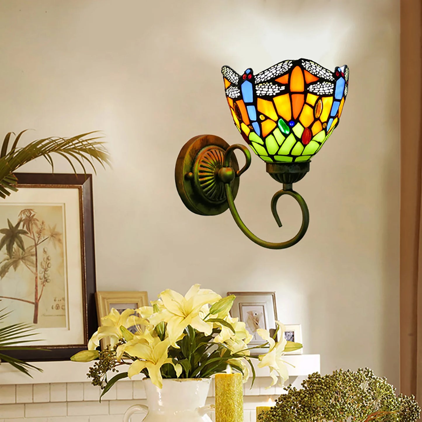 Vintage Stained Glass Dragonfly Wall Sconce for Bedroom and Living Room