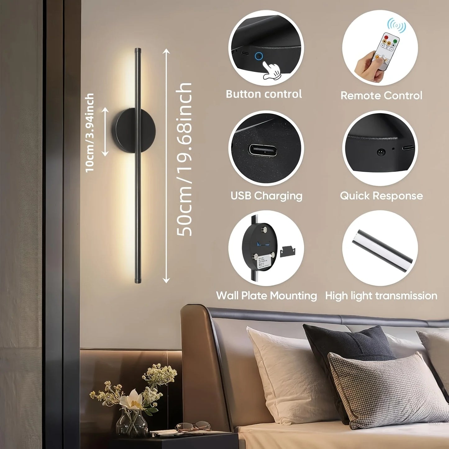 Wireless LED Wall Sconce with Remote for Bedroom and Living Room
