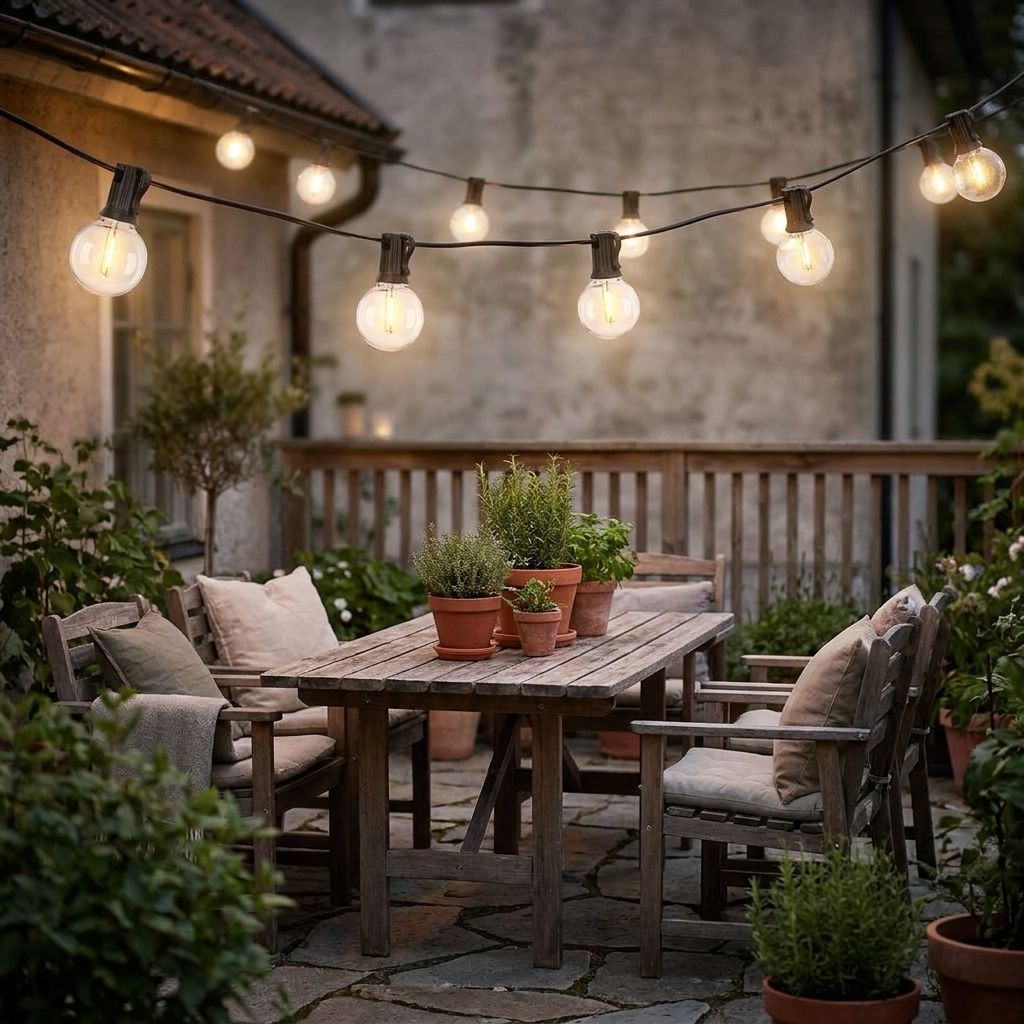 G40 festoon string lights over a cozy terrace at dusk