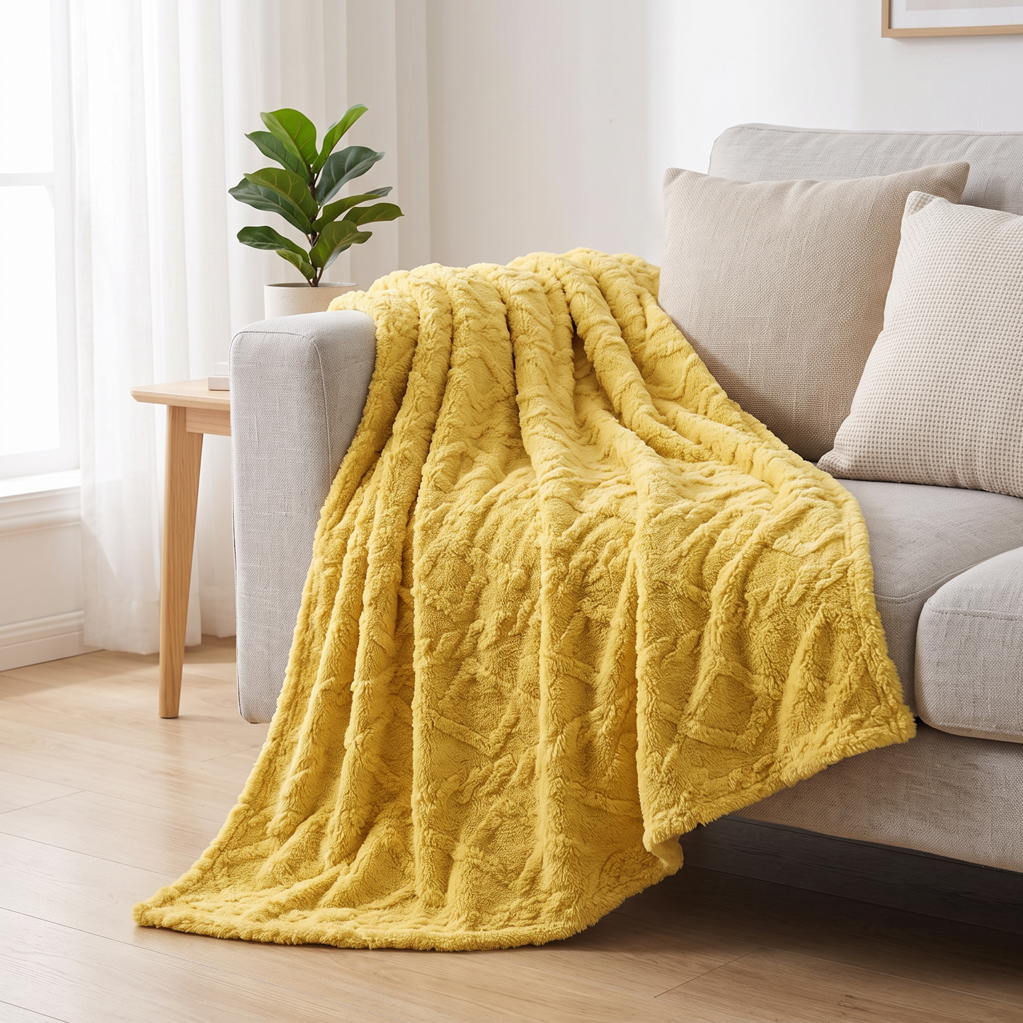 Kuscheldecke mit Zopfmuster in Senfgelb über einem Sofa im hellen Wohnzimmer