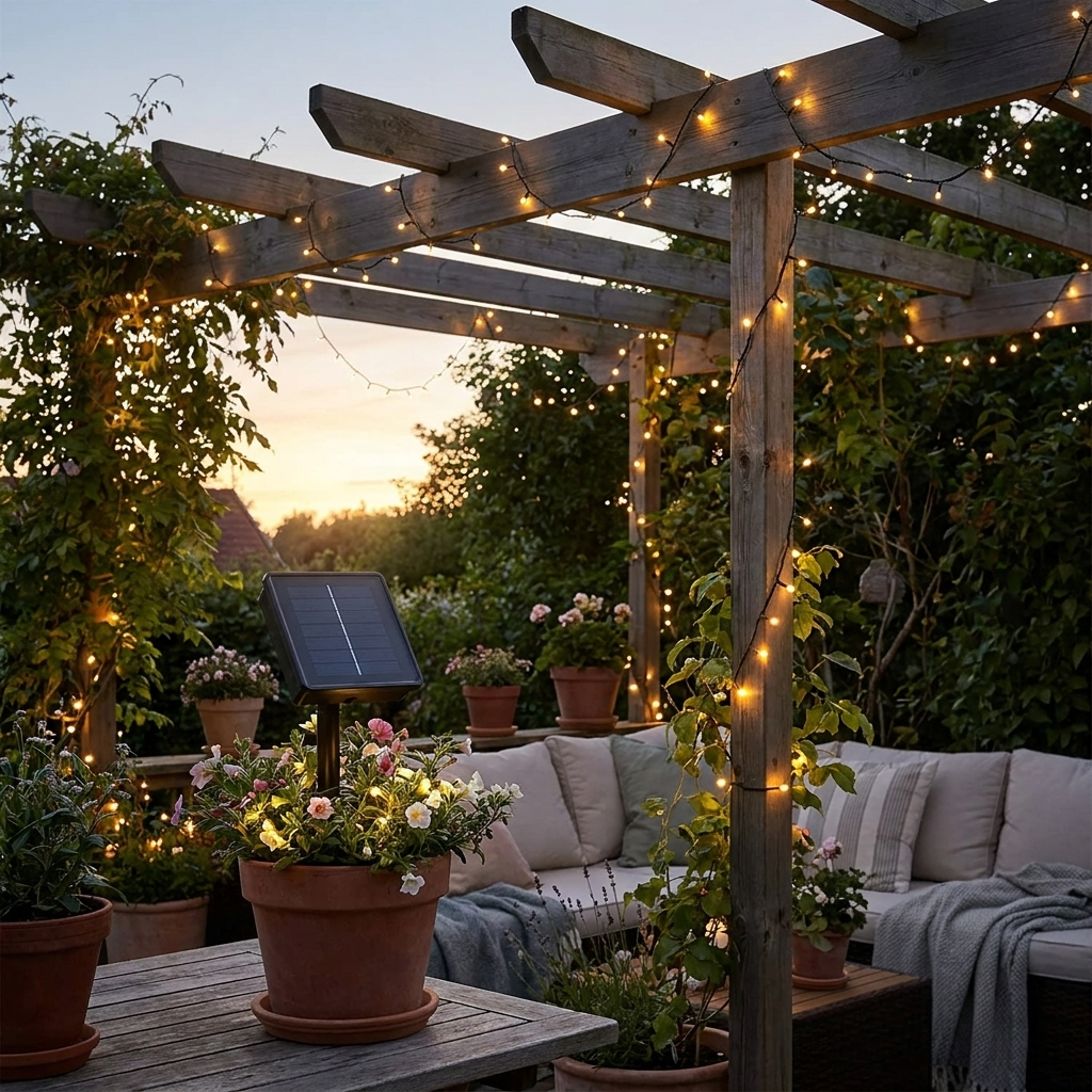 Solarleuchten und Lichterketten im Garten bei Abenddämmerung