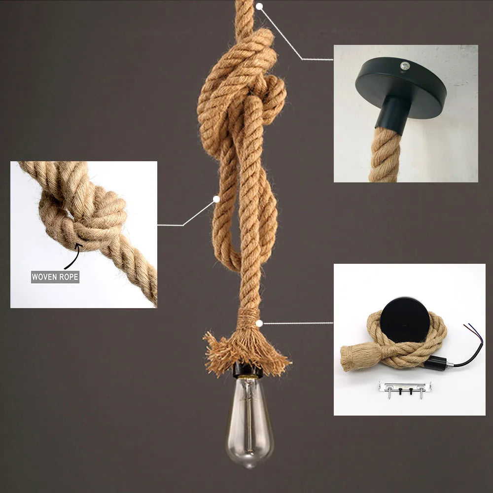 Vintage Hemp Rope Pendant Light for Industrial Cafe and Home Decor