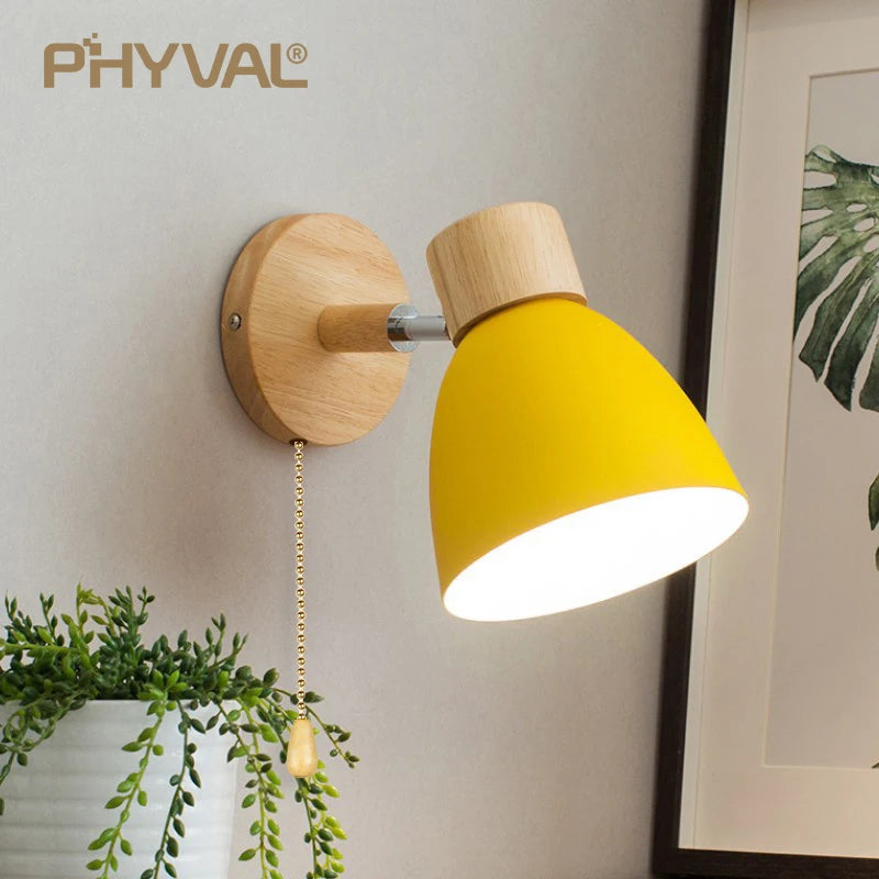 Modern Nordic Wooden Wall Sconce with Adjustable Head for Bedrooms and Living Rooms
