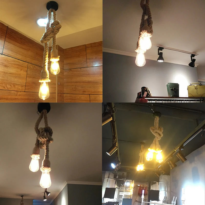 Vintage Hemp Rope Pendant Light for Industrial Cafe and Home Decor