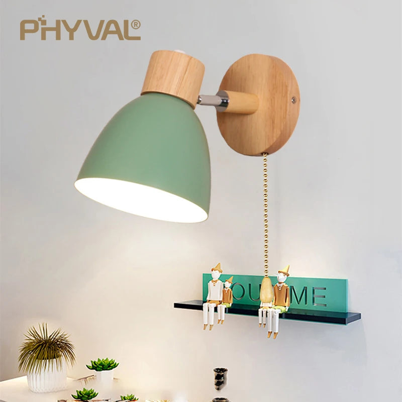 Modern Nordic Wooden Wall Sconce with Adjustable Head for Bedrooms and Living Rooms