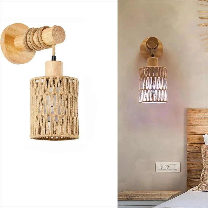 Rustic Hemp Rope Wall Lamp for Farmhouse Bedroom and Countryside Decor