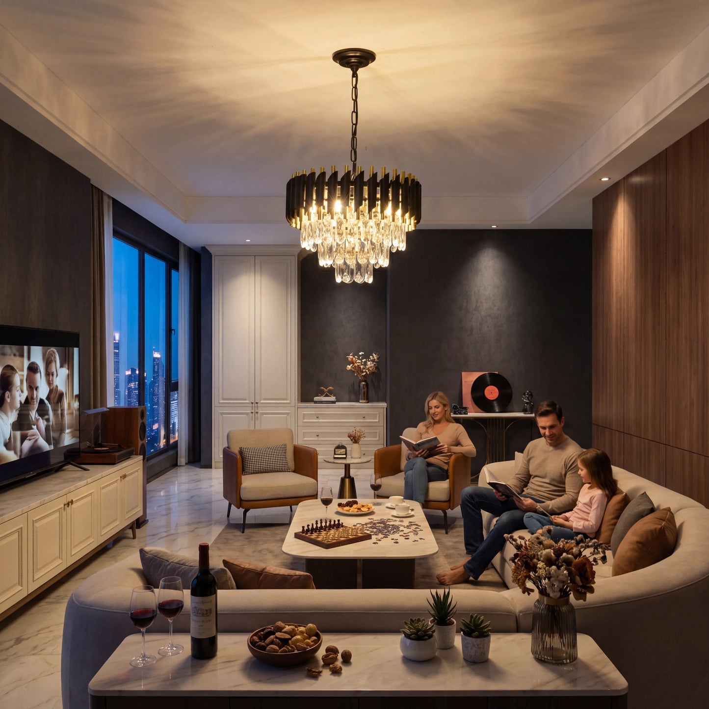 Modern Black and Gold Crystal Chandelier for Elegant Dining and Living Rooms