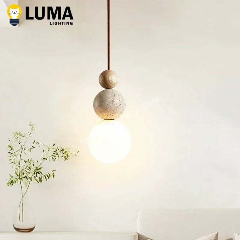 Natural Travertine and Wood Pendant Light for Modern Kitchen and Dining