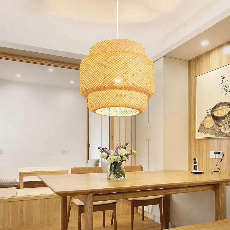 Handwoven Bamboo Pendant Light for Organic Dining Room and Bedroom Decor