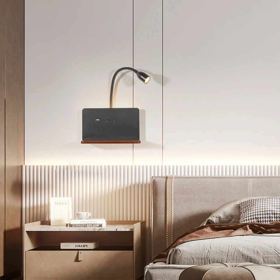 Modern LED Rotatable Wall Lamp with Wireless Charging for Bedside Reading