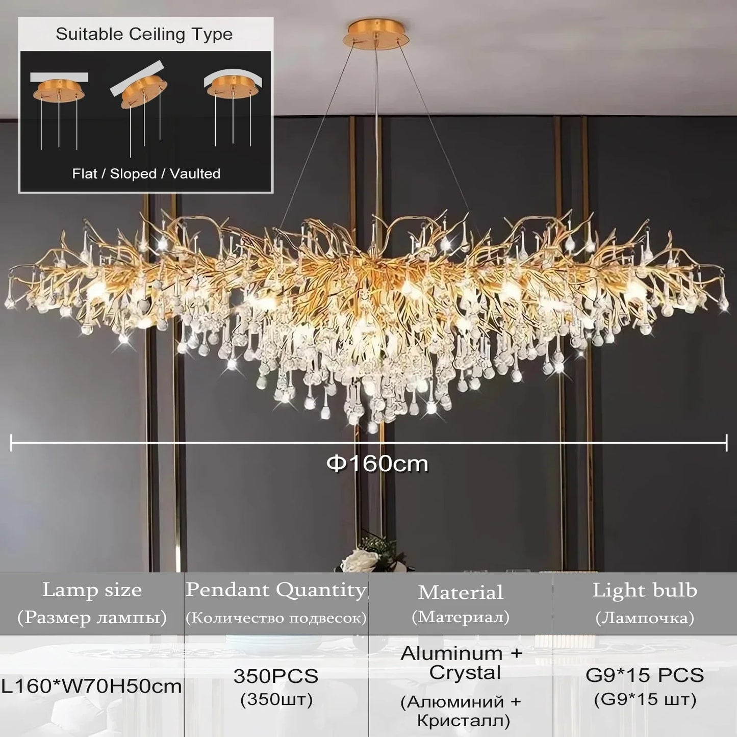 Luxury Rectangular Gold Crystal Chandelier for Modern Dining and Living Rooms