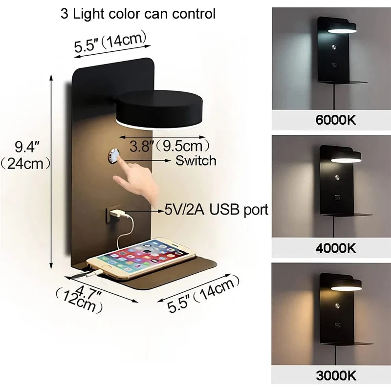 Modern LED Wall Reading Lamp with USB Charging Port for Bedrooms