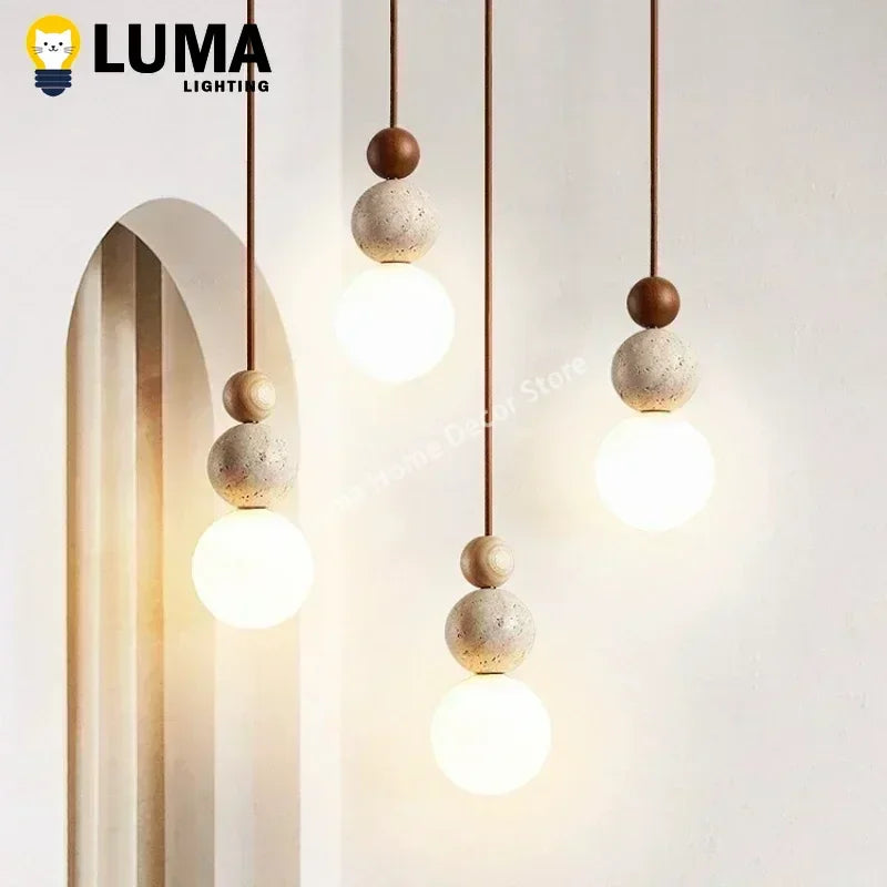 Natural Travertine and Wood Pendant Light for Modern Kitchen and Dining