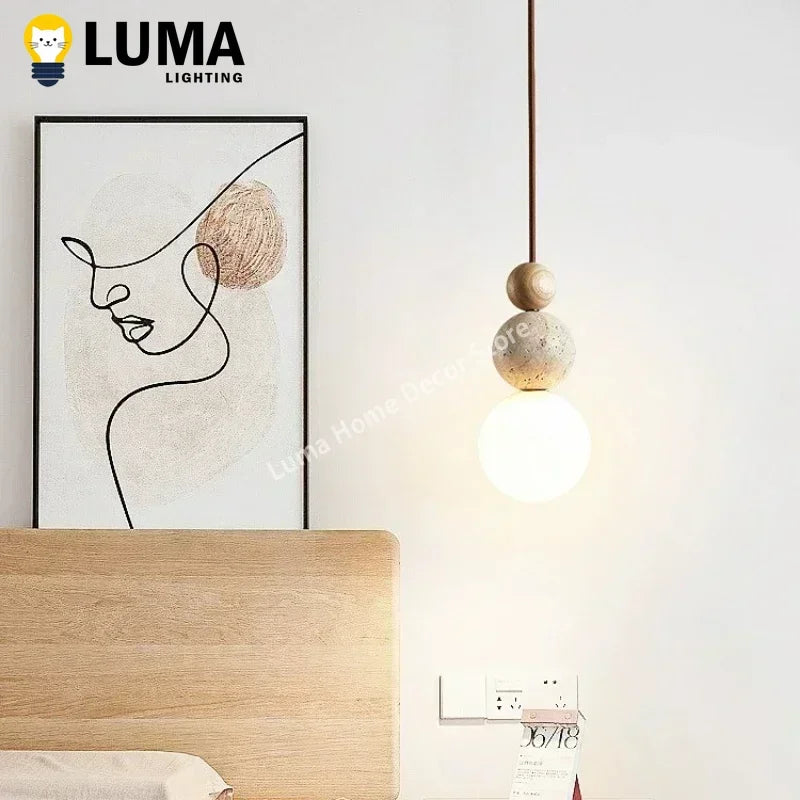 Natural Travertine and Wood Pendant Light for Modern Kitchen and Dining