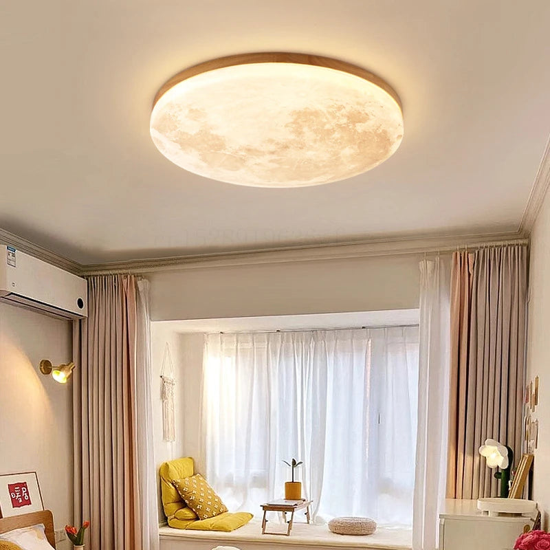 Modern Moon LED Ceiling Lamp with Wood Finish for Living Spaces