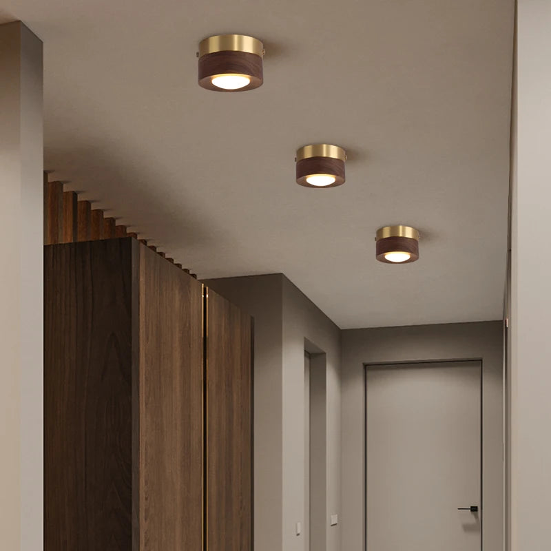 Modern Walnut Wood Flush Mount Ceiling Light for Hallways and Living Rooms
