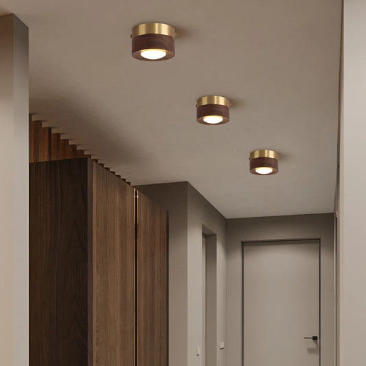 Modern Walnut Wood Flush Mount Ceiling Light for Hallways and Living Rooms