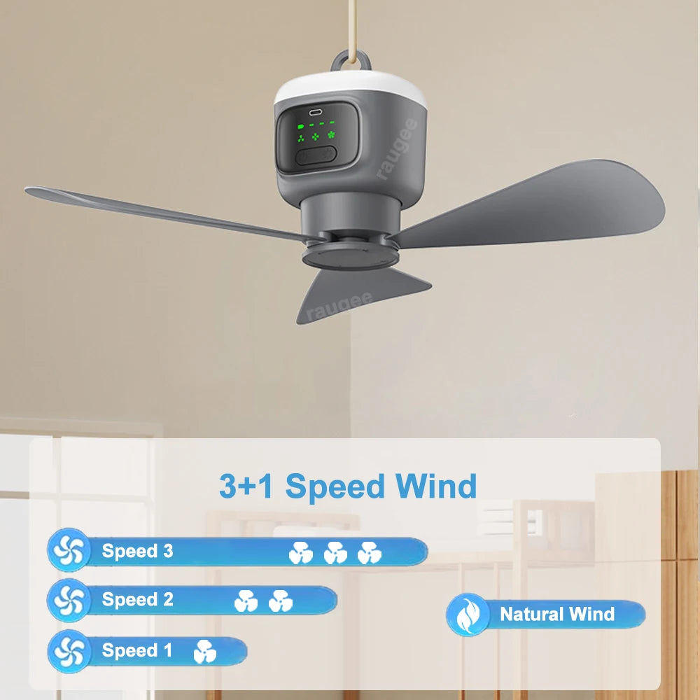 Portable Rechargeable Ceiling Fan with LED Light for Camping and Outdoor Living