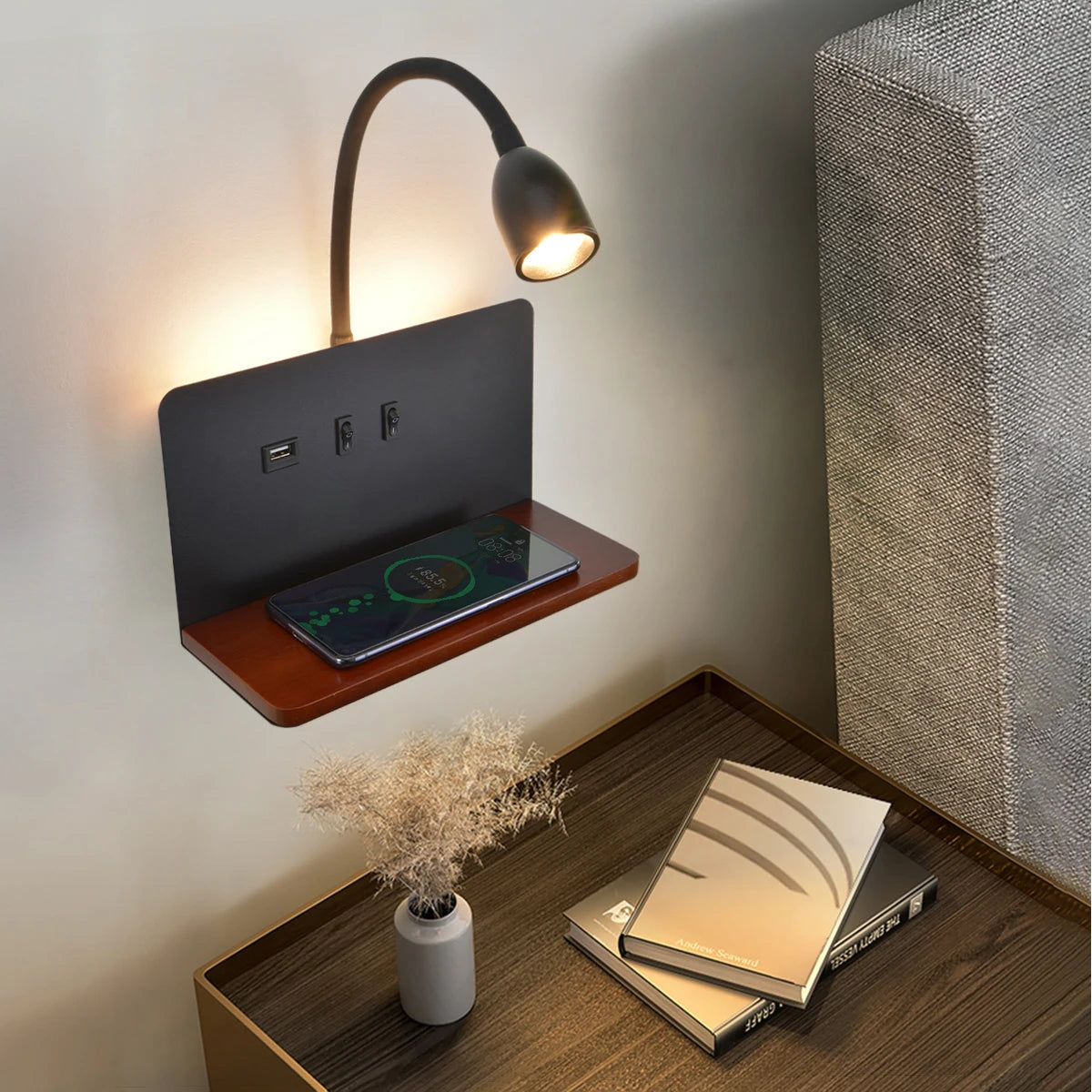 Modern LED Rotatable Wall Lamp with Wireless Charging for Bedside Reading