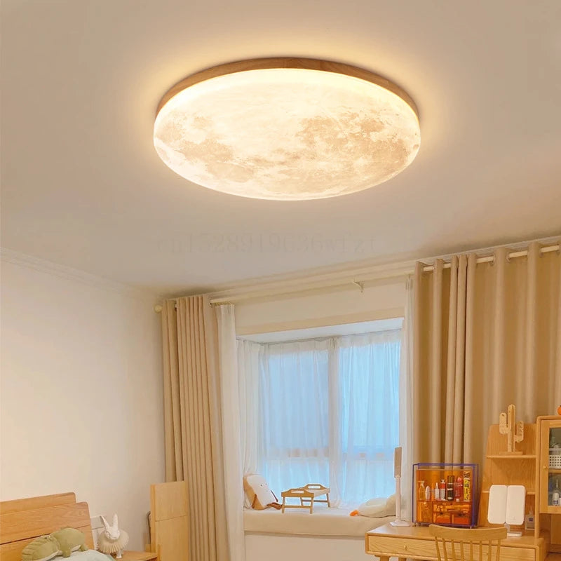 Modern Moon LED Ceiling Lamp with Wood Finish for Living Spaces