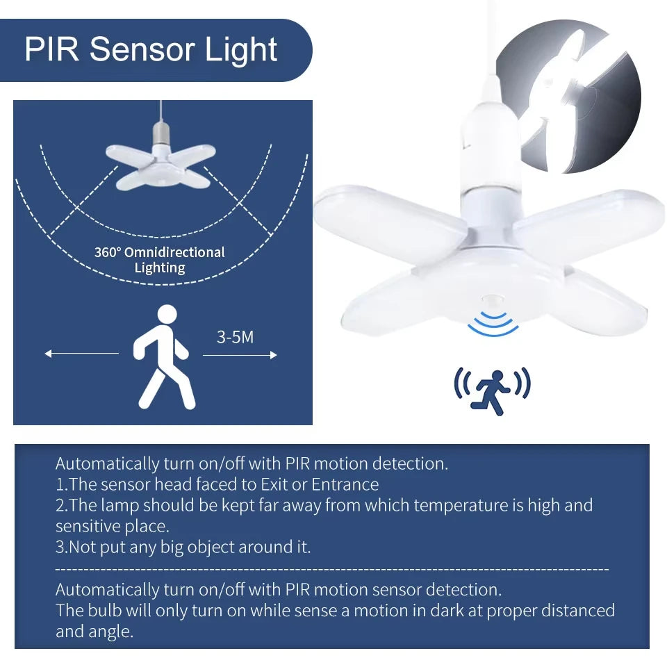 Foldable LED Ceiling Light with Motion Sensor for Garages and Warehouses