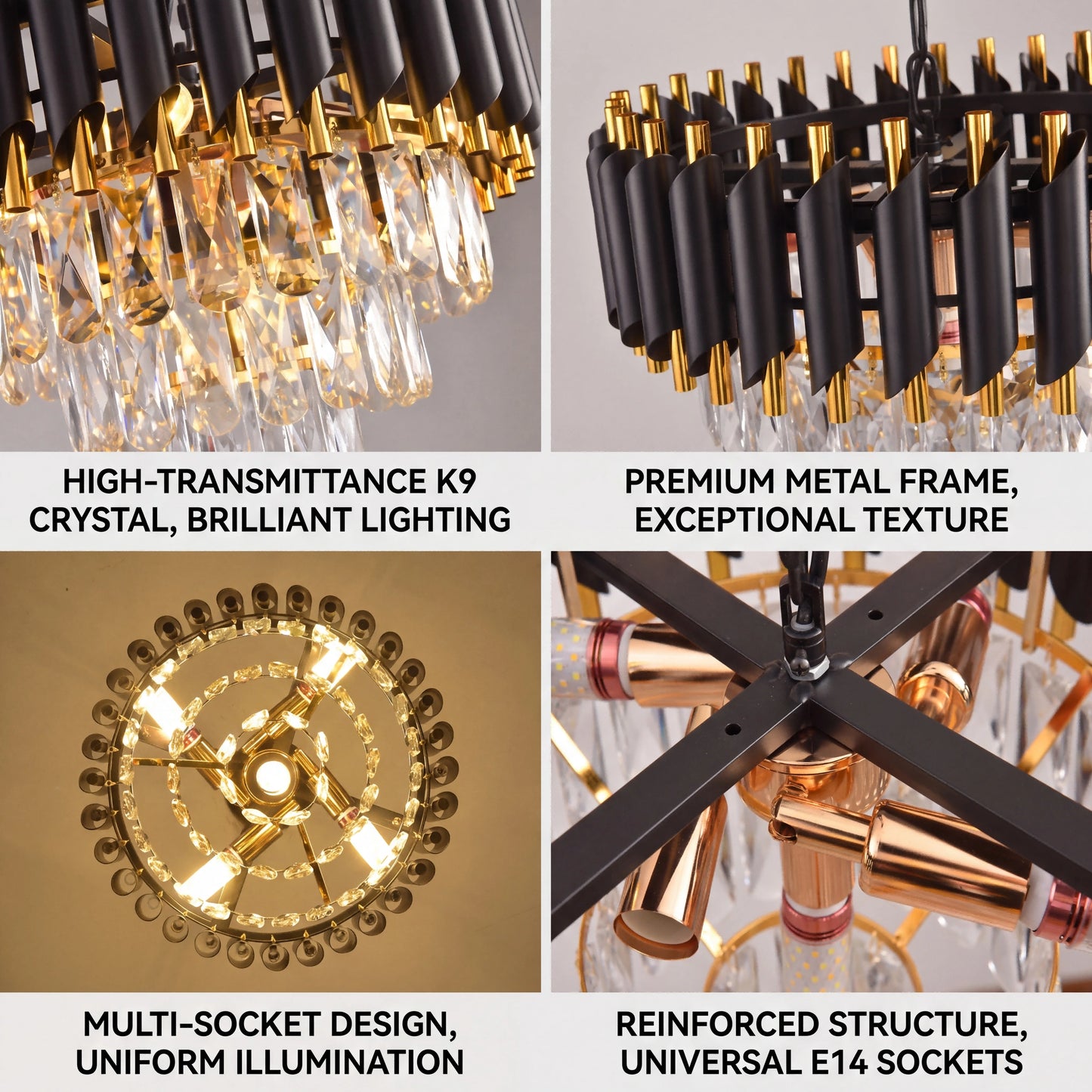 Modern Black and Gold Crystal Chandelier for Elegant Dining and Living Rooms