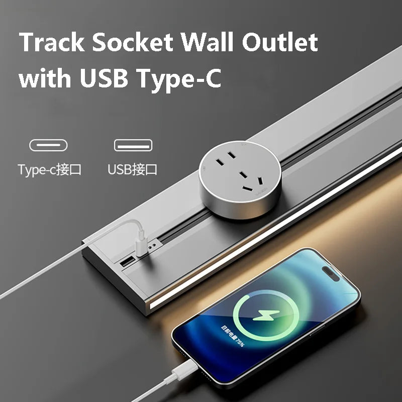 Modular Wall Mounted Track Lighting Rail with USB Charging Ports