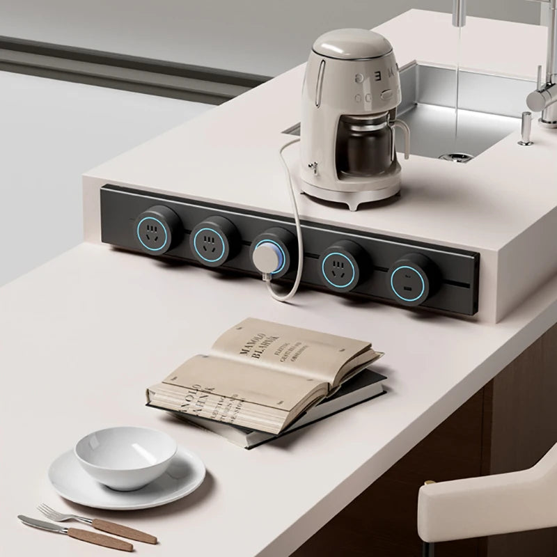 Modular Power Track Socket System for Modern Kitchen and Office Workspaces