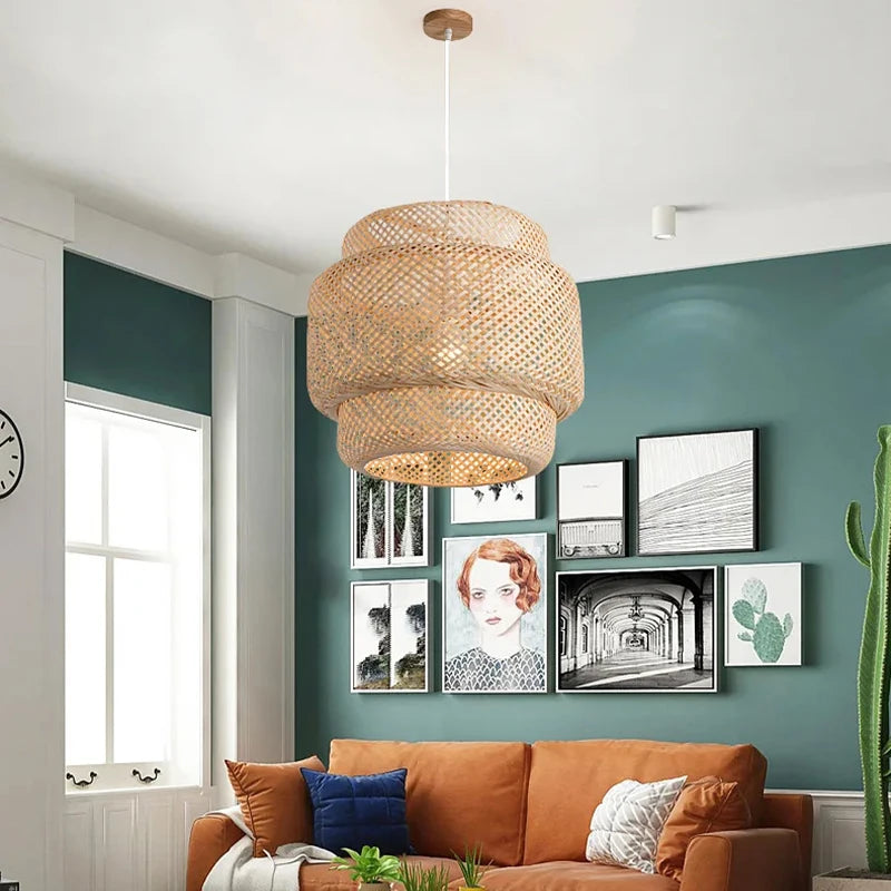 Handwoven Bamboo Pendant Light for Organic Dining Room and Bedroom Decor