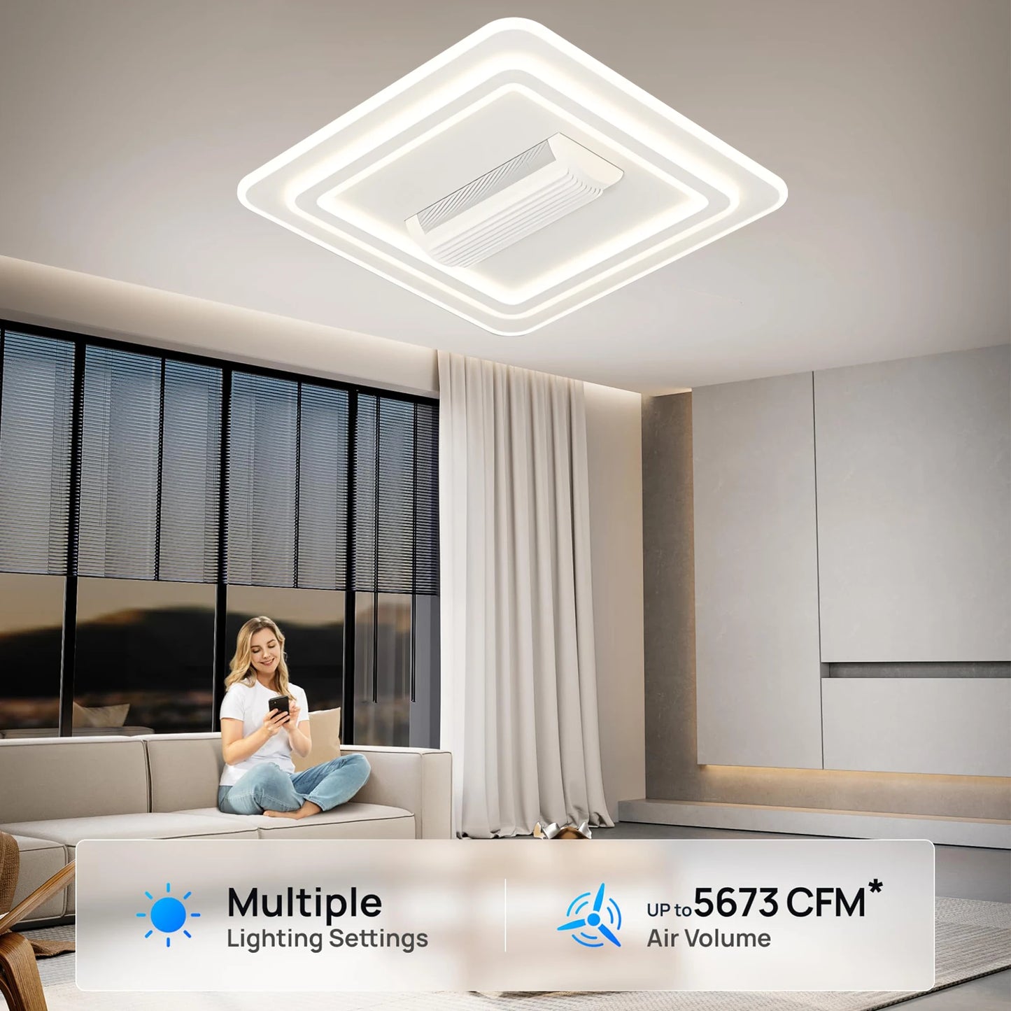 Modern Bladeless Ceiling Fan with Dimmable LED Light for Living Spaces