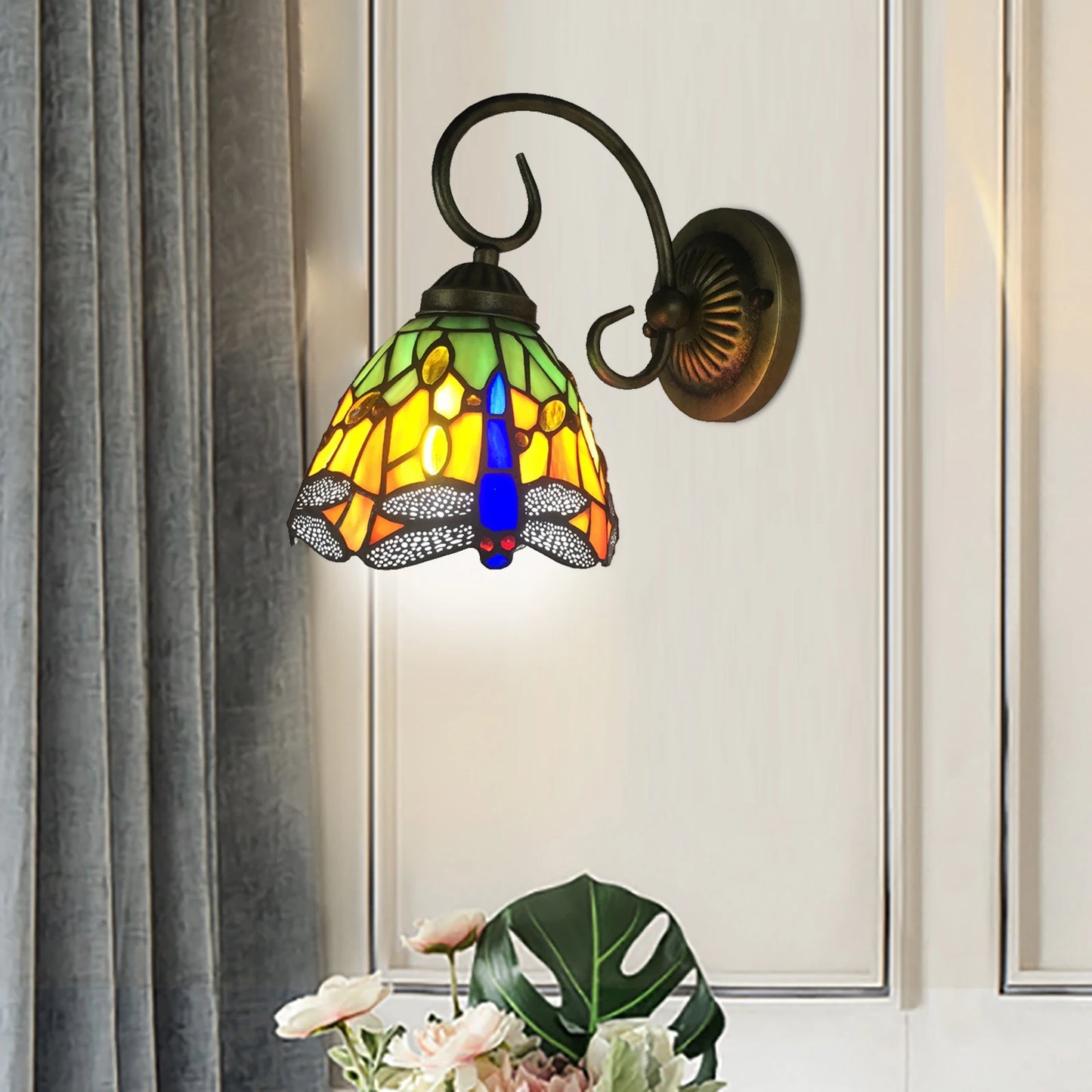 Vintage Stained Glass Dragonfly Wall Sconce for Bedroom and Living Room