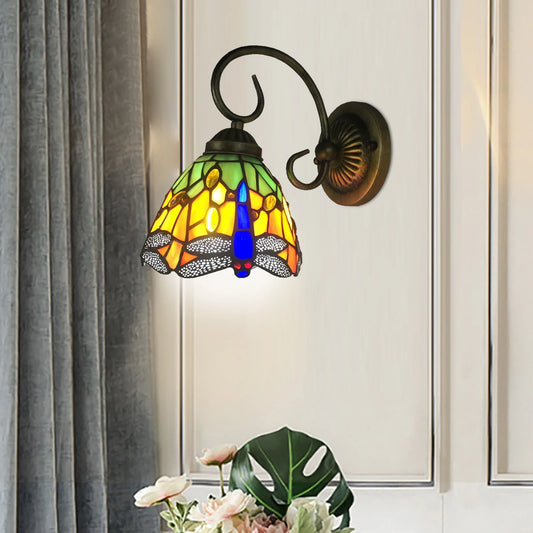 Vintage Stained Glass Dragonfly Wall Sconce for Bedroom and Living Room