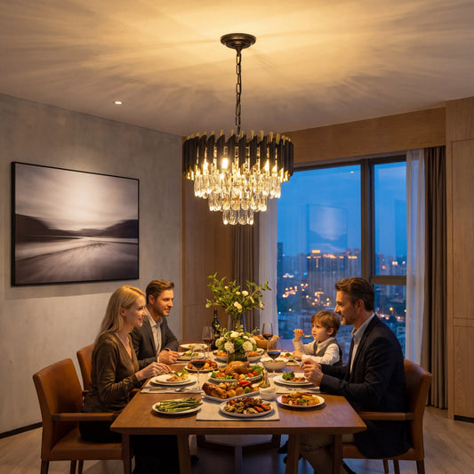 Modern Black and Gold Crystal Chandelier for Elegant Dining and Living Rooms