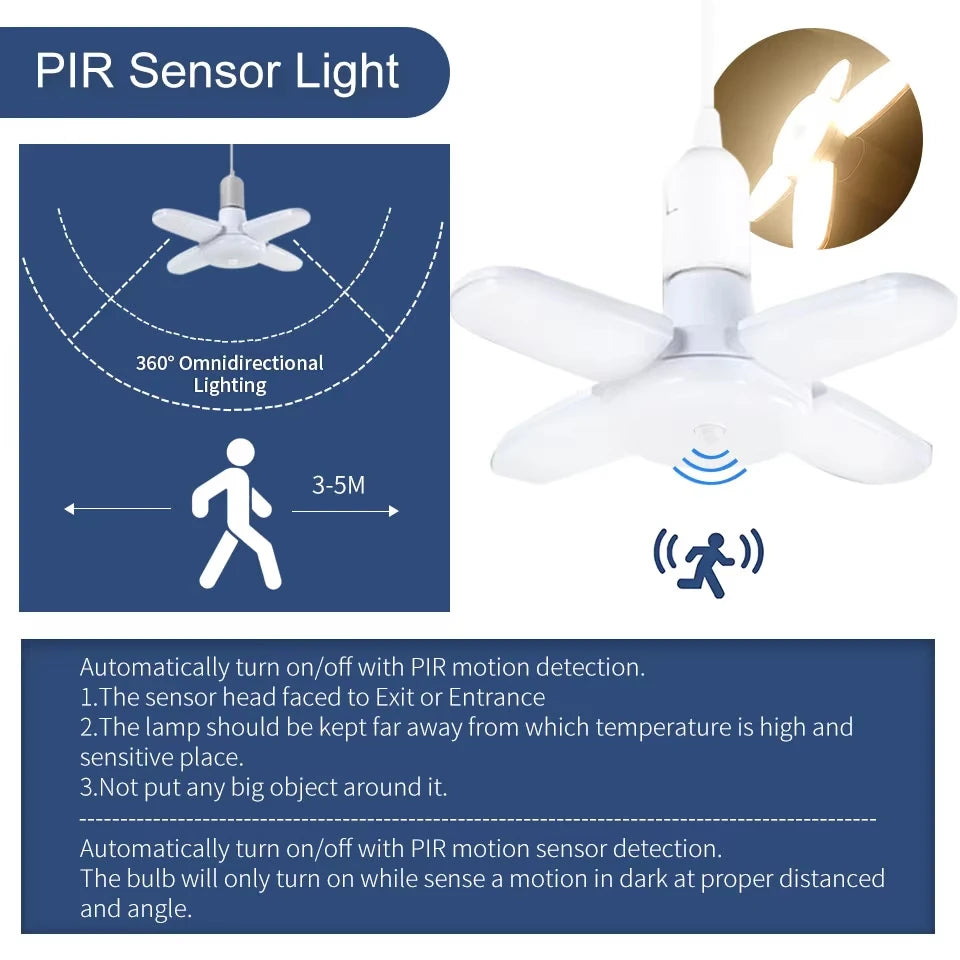 Foldable LED Ceiling Light with Motion Sensor for Garages and Warehouses