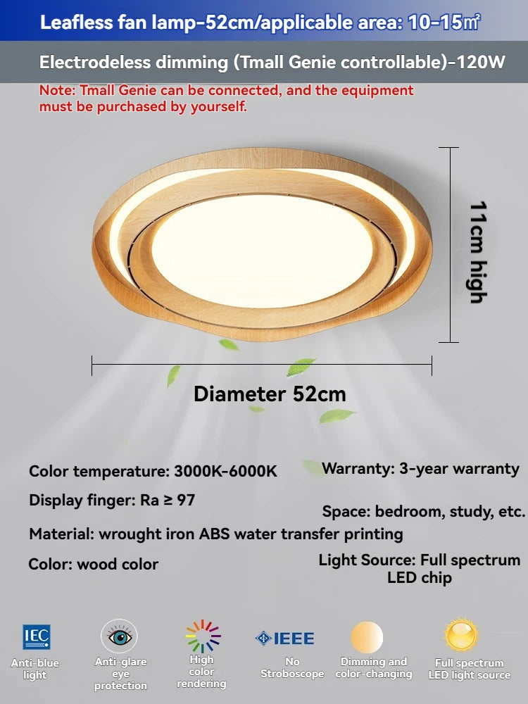 Modern Bladeless Ceiling Fan Light with Walnut Finish for Silent Cooling