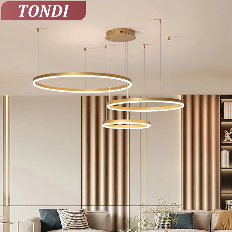 Modern LED Ring Chandelier in Brushed Gold and Black for Dining Spaces