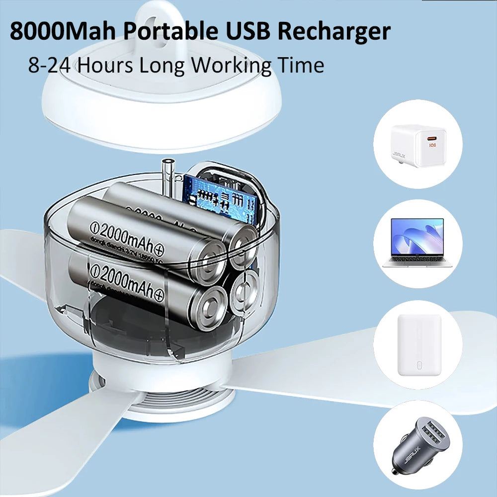 Rechargeable Portable Ceiling Fan with Remote Light for Camping and Outdoor Spaces