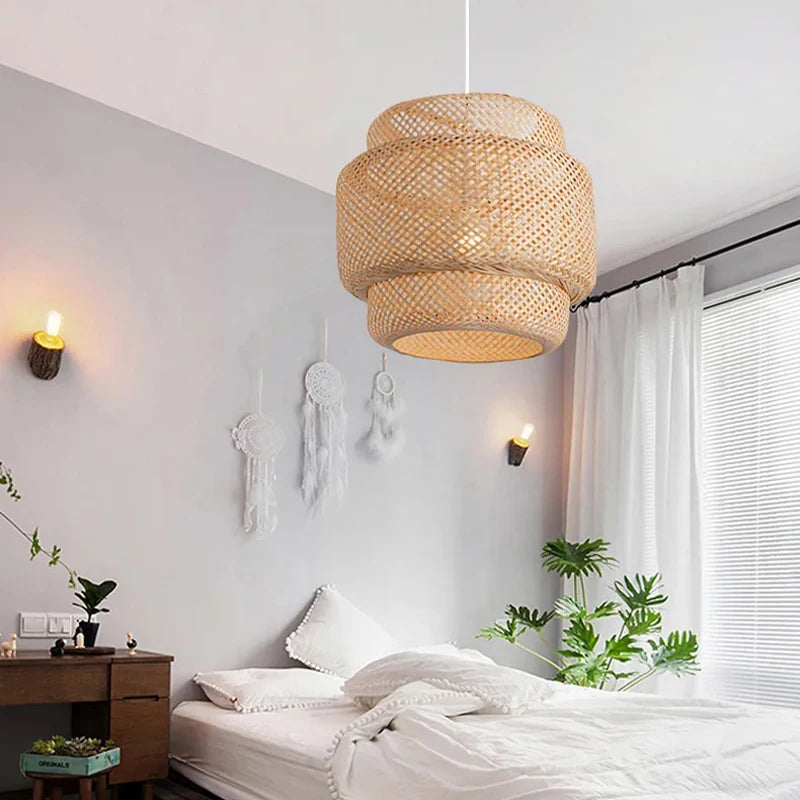 Handwoven Bamboo Pendant Light for Organic Dining Room and Bedroom Decor
