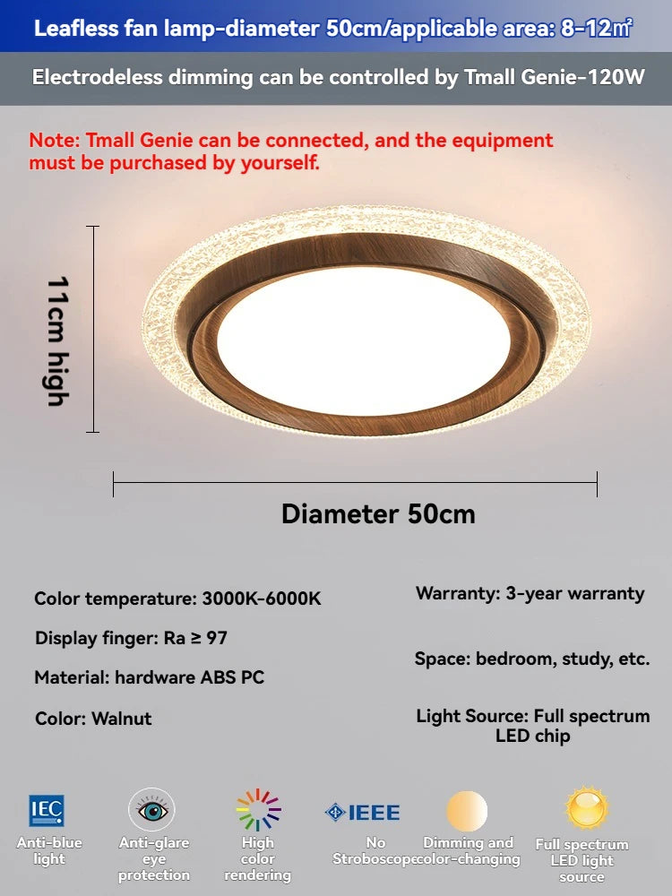 Modern Bladeless Ceiling Fan Light with Walnut Finish for Silent Cooling