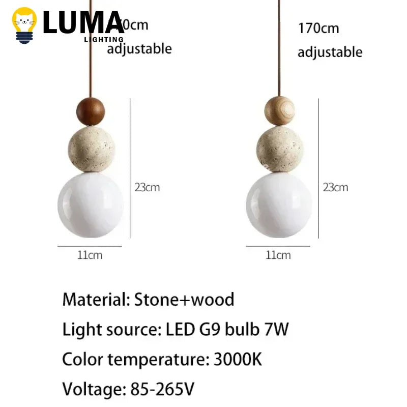 Natural Travertine and Wood Pendant Light for Modern Kitchen and Dining