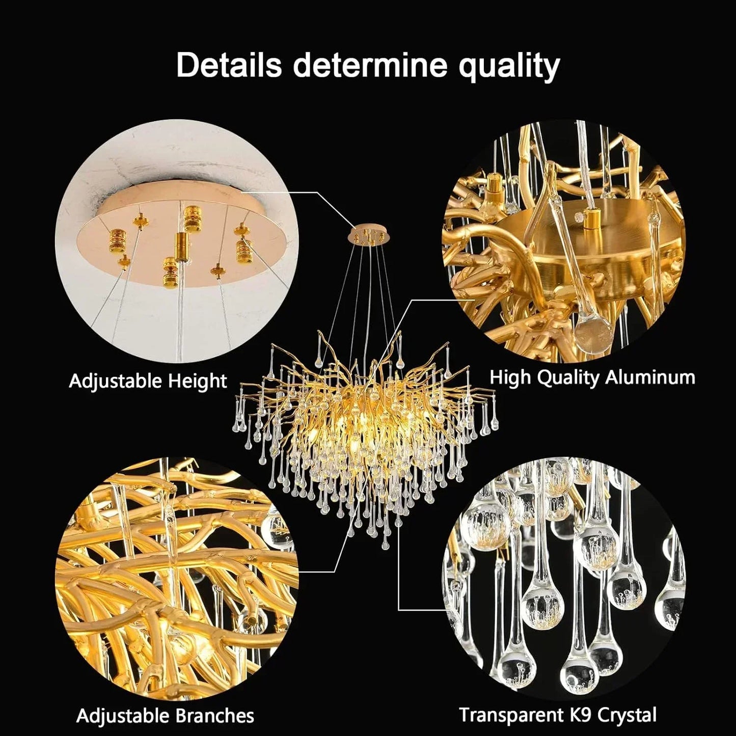 Luxury Rectangular Gold Crystal Chandelier for Modern Dining and Living Rooms
