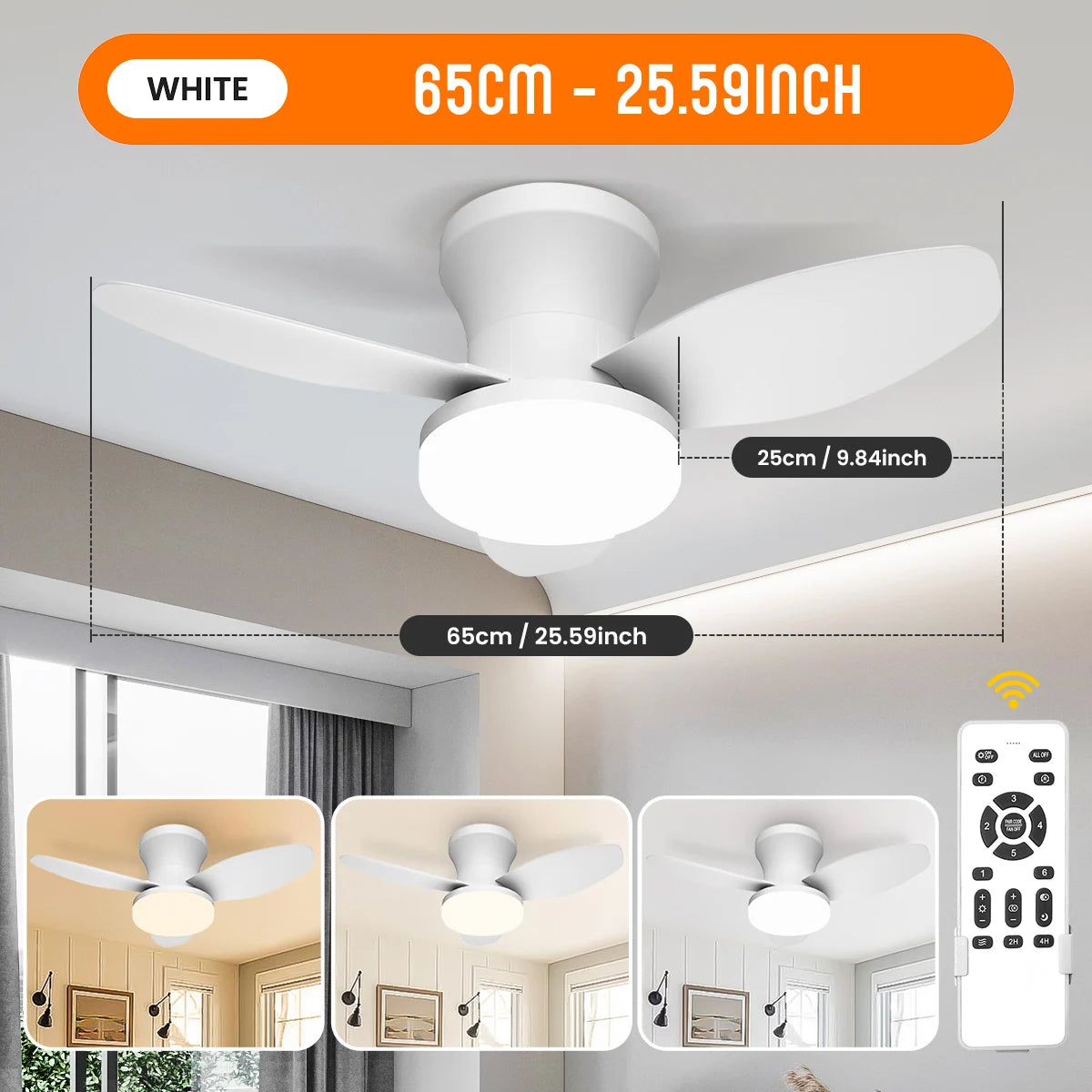 Modern Three-Leaf Ceiling Fan with Dimmable LED Light and Remote Control