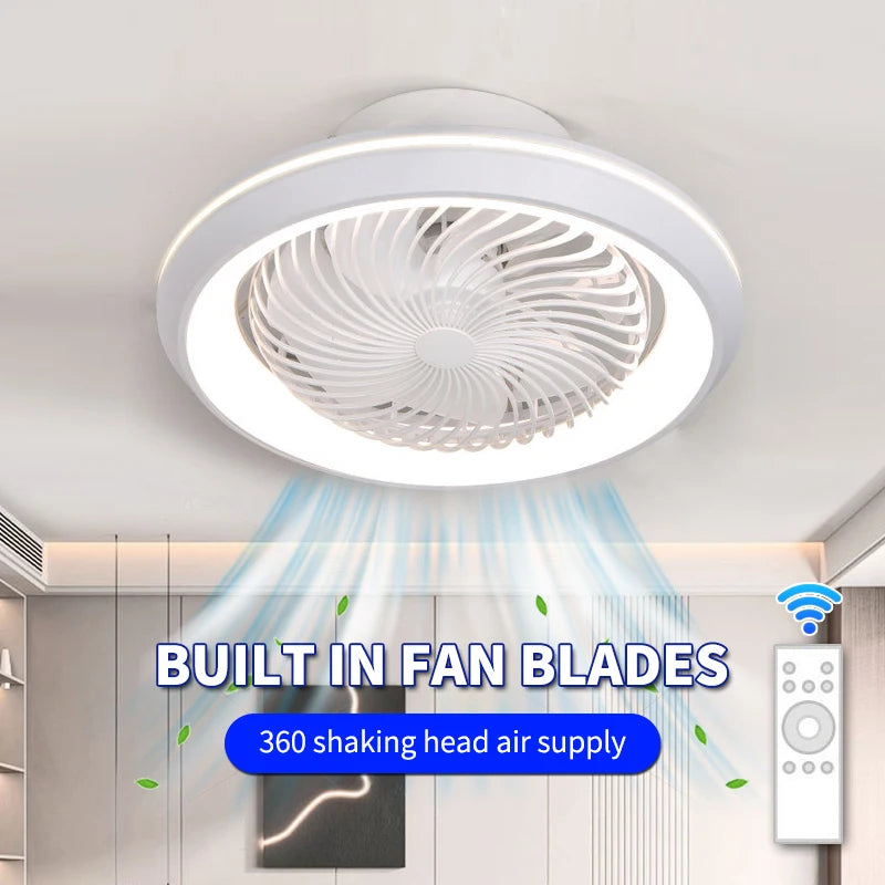 Modern Enclosed Ceiling Fan Light with Rotating Head for Living and Dining Rooms