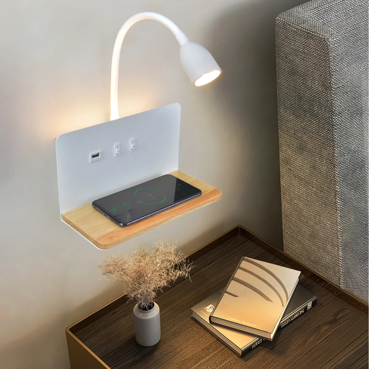 Modern LED Rotatable Wall Lamp with Wireless Charging for Bedside Reading