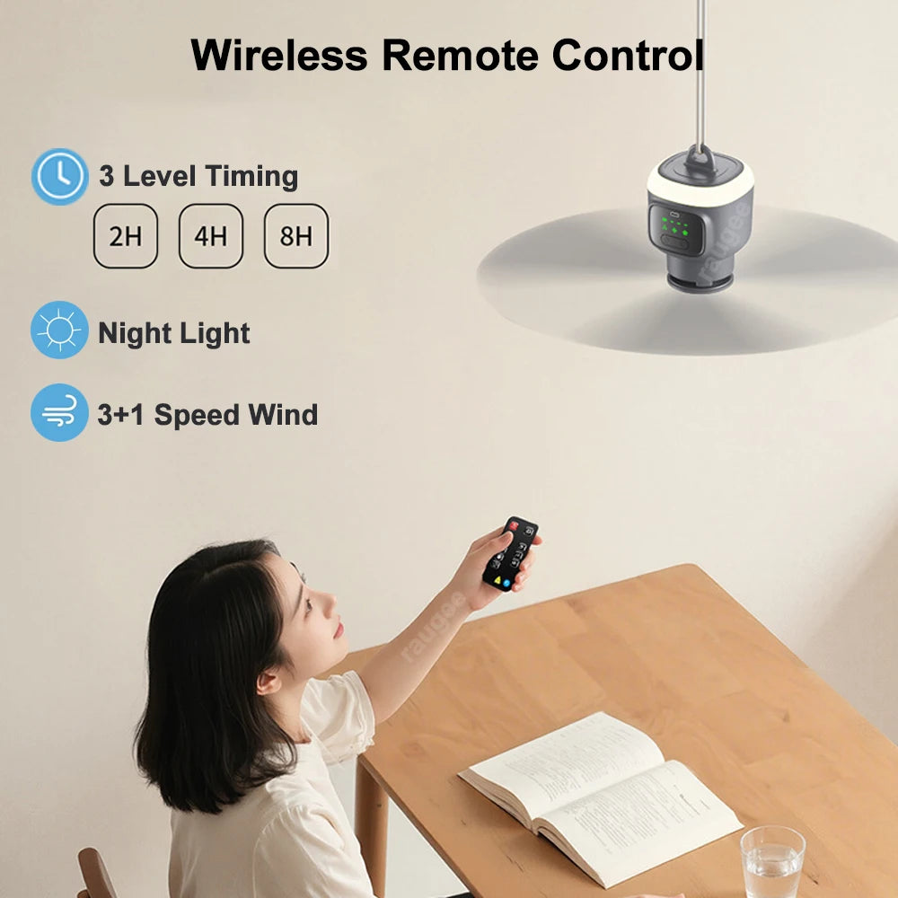 Portable Rechargeable Ceiling Fan with LED Light for Camping and Outdoor Living