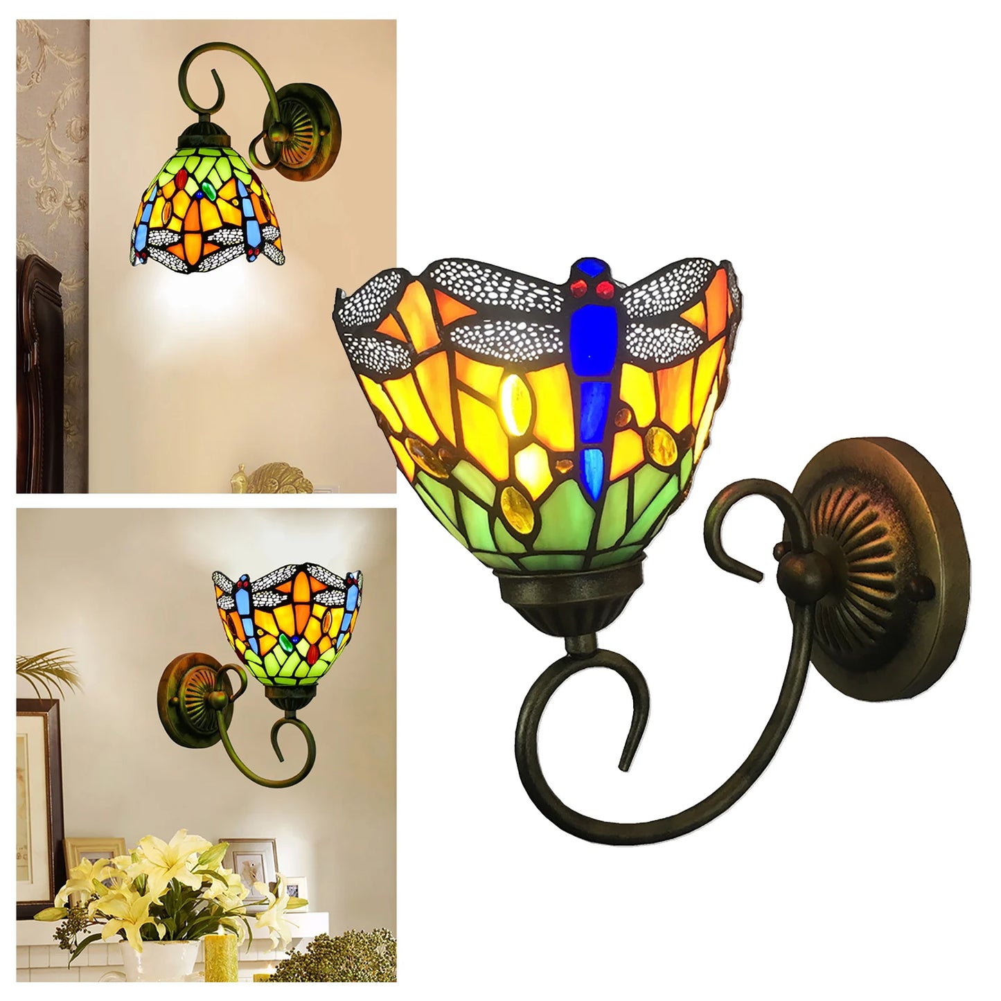 Vintage Stained Glass Dragonfly Wall Sconce for Bedroom and Living Room