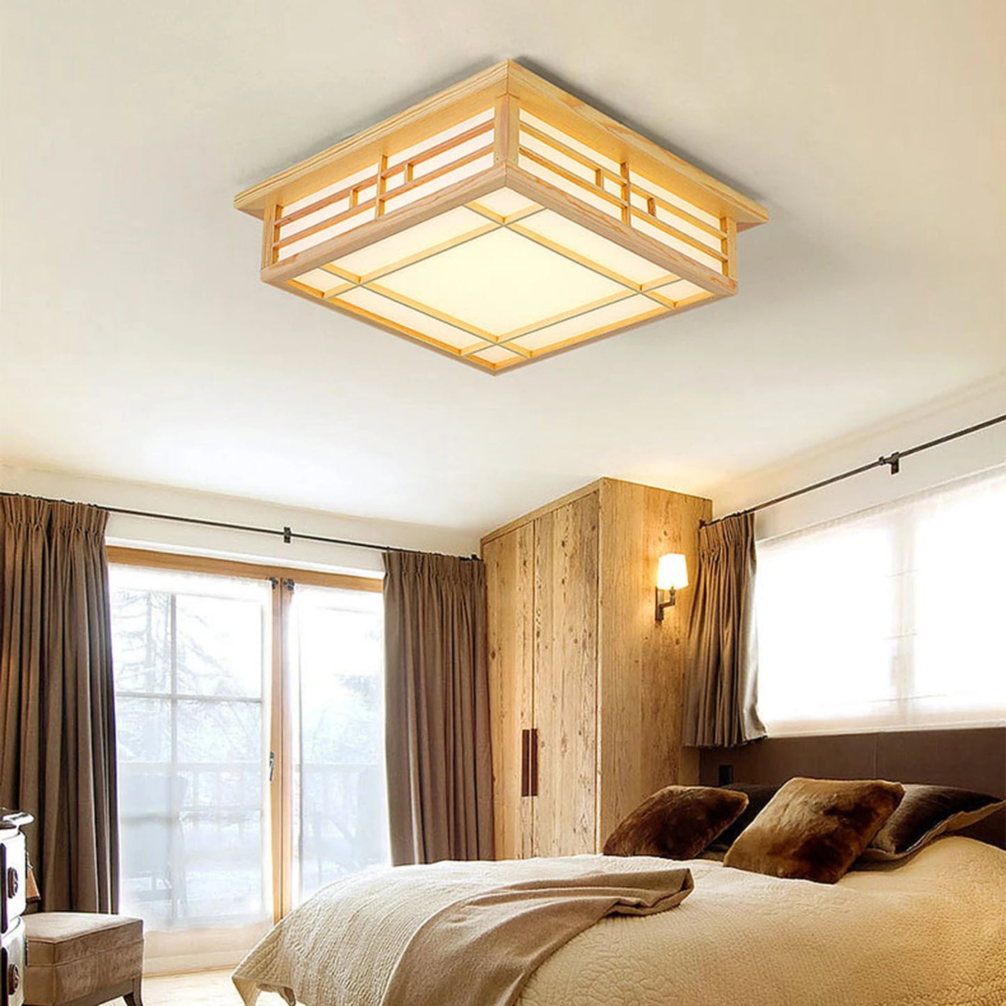 Japanese Minimalist Wood LED Ceiling Light for Living Rooms and Bedrooms